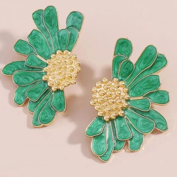 Green and Gold Floral Earrings A1081 - Picture 1 of 3